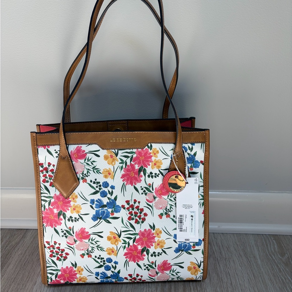 Floral Print Tote with Brown Trim - White/Multi